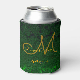 Monogram Hunter Green Gold Wedding Reception Can Cooler