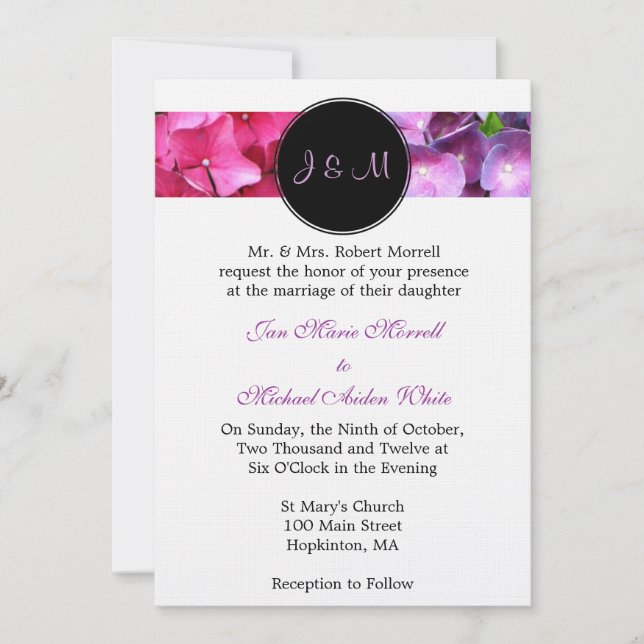 Monogram Hydrangea Wedding Invitation (Front)