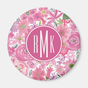 Monogram I Do Pink Watercolor Floral Pattern Magnet