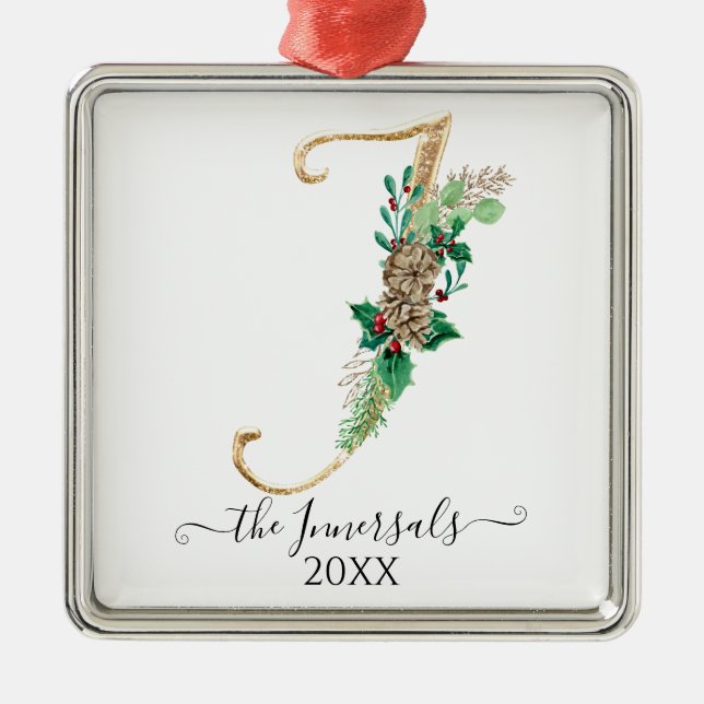 Monogram I Gold Glitter Pine Cone Holly Christmas Metal Tree Decoration (Front)