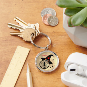 Monogram I Halloween Sky Witch Spiders Name Key Ring