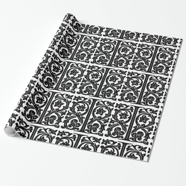 Monogram I Initial Black and White Floral Pattern Wrapping Paper (Unrolled)