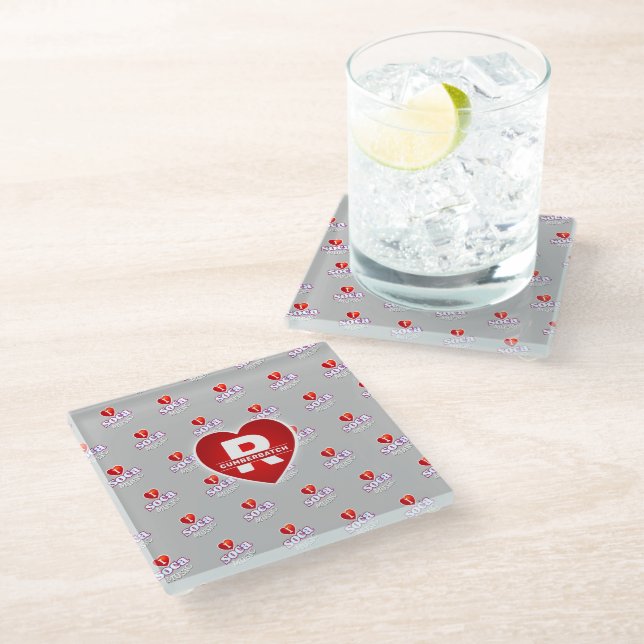 MONOGRAM I  LOVE SOCA on GREY Glass Coaster (Angled)