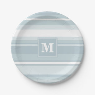Monogram ice blue stripes paper plate