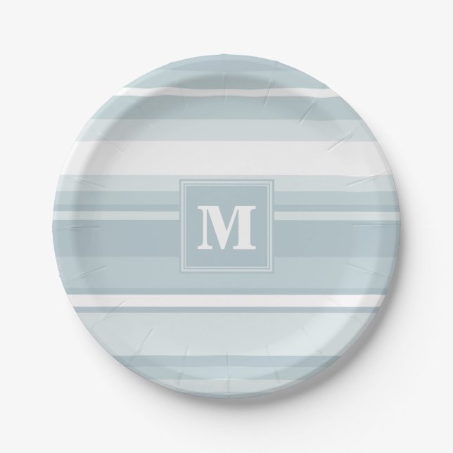 Monogram ice blue stripes paper plate (Front)