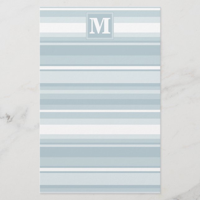 Monogram ice blue stripes stationery (Front)