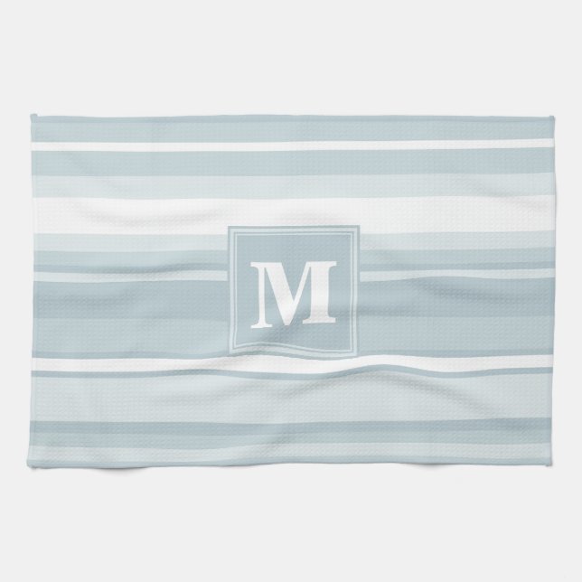 Monogram ice blue stripes tea towel (Horizontal)