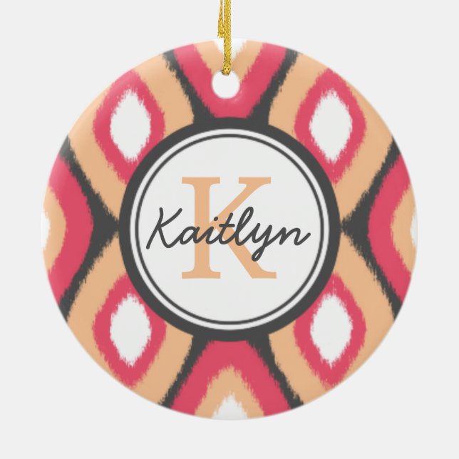 Monogram Ikat Diamonds Pattern Pink Grey Ceramic Tree Decoration (Back)