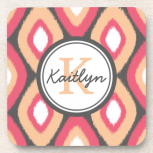 Monogram Ikat Diamonds Pattern Pink Grey Coaster
