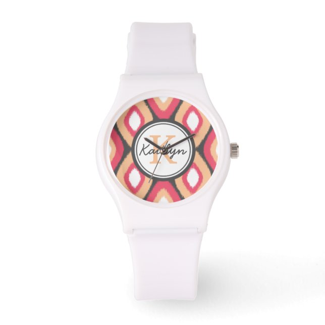 Monogram Ikat Diamonds Pattern Pink Grey Watch (Front)