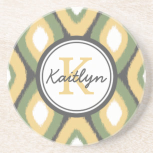 Monogram Ikat Diamonds Pattern Sage Yellow Coaster