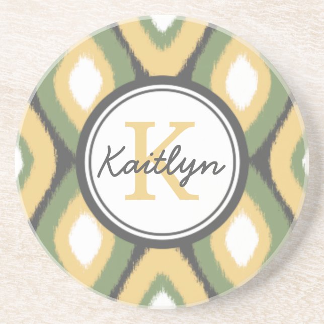 Monogram Ikat Diamonds Pattern Sage Yellow Coaster (Front)