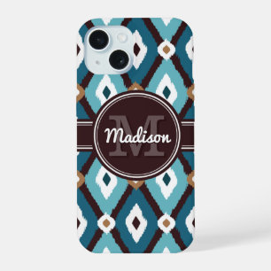 Monogram Ikat Pattern Blue and Brown iPhone 15 Case