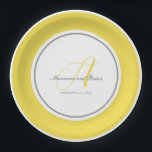 Monogram Illuminating Yellow, and Grey with White Paper Plate<br><div class="desc">Lined with an Illuminating Yellow border,  a large Monogram in the same shade of yellow with contrasting grey text for names of the couple and the date. Goes perfectly with all the wedding items in a yellow and grey colour scheme,  with a crisp,  clean feel to the style.</div>