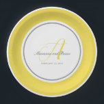 Monogram Illuminating Yellow, and Grey with White Paper Plate<br><div class="desc">Lined with an Illuminating Yellow border,  a large Monogram in the same shade of yellow with contrasting grey text for names of the couple and the date. Goes perfectly with all the wedding items in a yellow and grey colour scheme,  with a crisp,  clean feel to the style.</div>