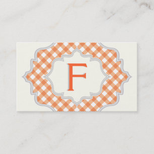 Monogram in a frame, orange white gingham pattern business card