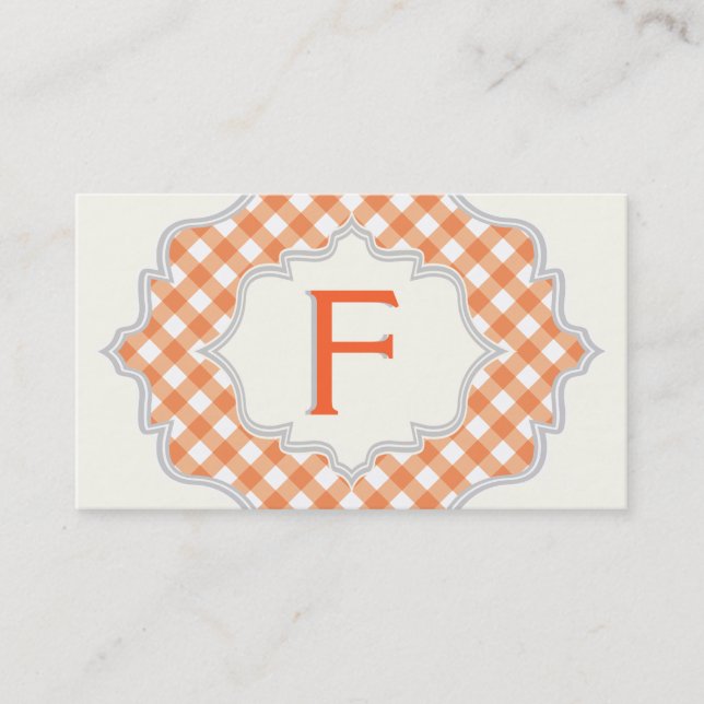 Monogram in a frame, orange white gingham pattern business card (Front)