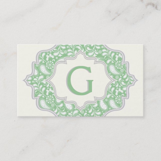 Monogram in a frame with green, white paisley business card (Front)