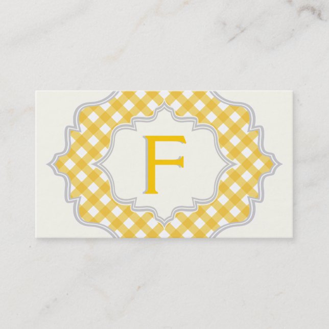 Monogram in a frame, yellow white gingham pattern business card (Front)