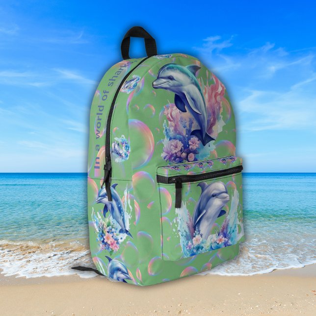 Monogram In a World of Sharks, Be a Dolphin Green Printed Backpack (Creator Uploaded)