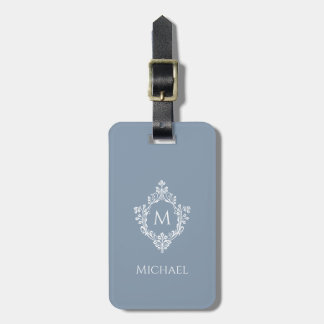 Monogram in Crest Dusty Blue White Initial Elegant Luggage Tag