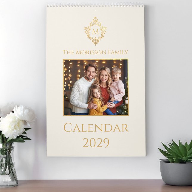 Monogram in Crest Elegant Family Photo Ivory Gold  Calendar (Creator Uploaded)
