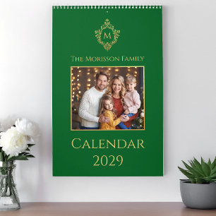 Monogram in Crest Green Gold Family Photo Elegant Calendar