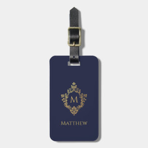 Monogram in Crest Navy Blue Elegant Faux Gold Foil Luggage Tag