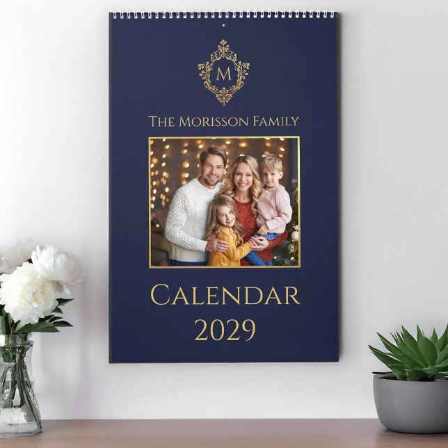 Monogram in Crest Navy & Gold Elegant Family Photo Calendar (Creator Uploaded)