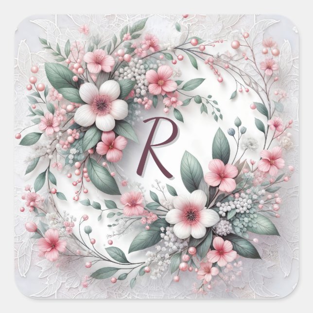 Monogram In Elegant Wedding Floral Wreath Square Sticker (Front)