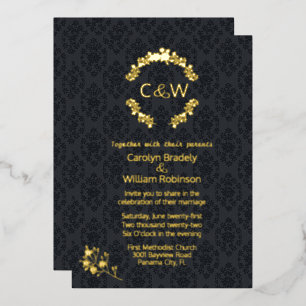 Monogram in Floral Wreath Black Damask Wedding