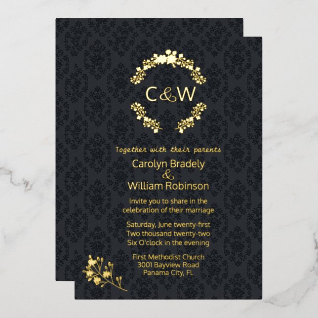 Monogram in Floral Wreath Black Damask Wedding  (Front/Back)