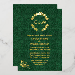 Monogram in Floral Wreath Green Damask Wedding
