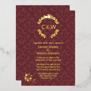 Monogram in Floral Wreath Wine Damask Wedding