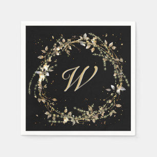 Monogram In Gold Glowing Wreath On Black Napkin