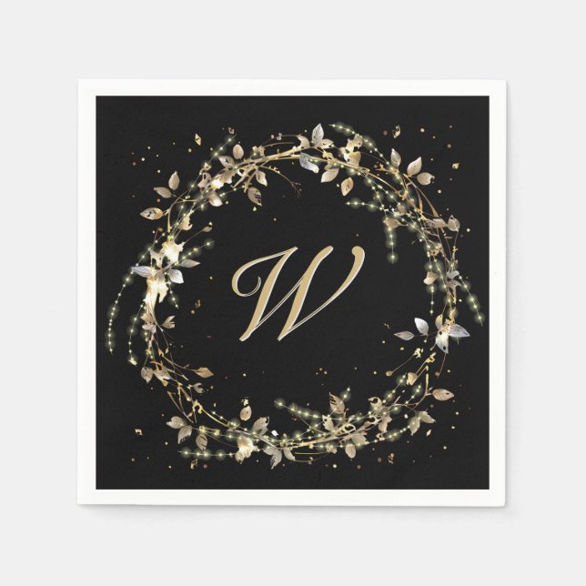 Monogram In Gold Glowing Wreath On Black  Napkin (Front)
