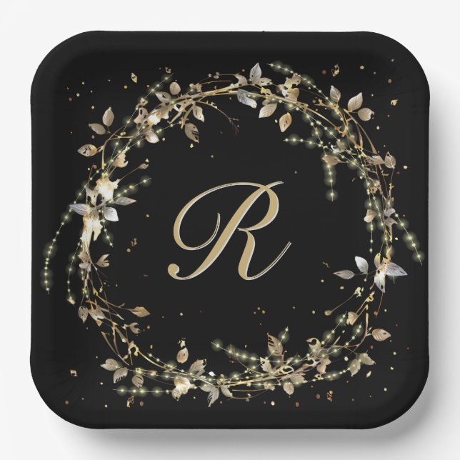 Monogram In Gold Glowing Wreath On Black  Paper Plate (Front)