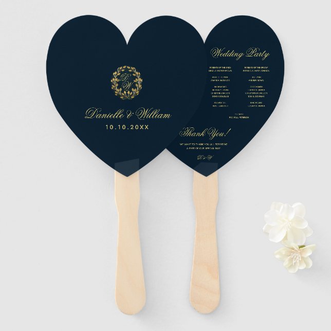 Monogram in Gold Wreath Blue Heart Wedding Program Hand Fan (Front and Back)
