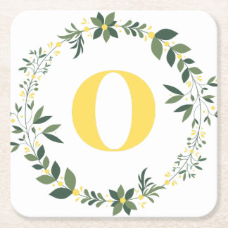Monogram in O in Gold/Lemon with a Floral Ring Square Paper Coaster