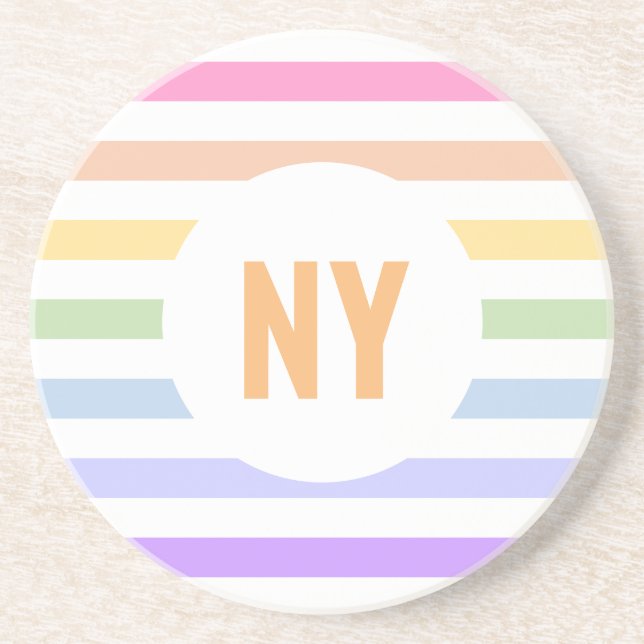 Monogram in White Circle Pastel Rainbow Stripes Coaster (Front)