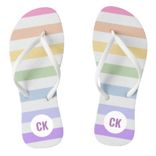 Monogram in White Circle Pastel Rainbow Stripes Jandals