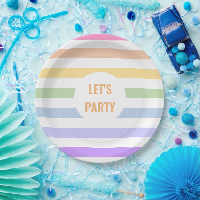 Monogram in White Circle Pastel Rainbow Stripes Paper Plate (Party)