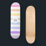 Monogram in White Circle Pastel Rainbow Stripes Skateboard<br><div class="desc">Simple trendy minimalist design of a monogram in the centre inside white circle with pastel rainbow stripes pattern. Perfect modern gift or anyone,  LGBTQ friendly gift and memorabilia.</div>