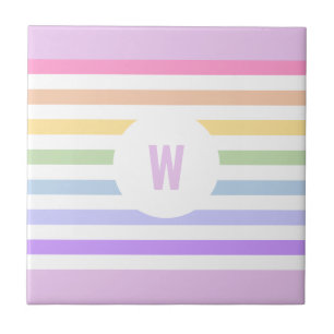 Monogram in White Circle Pastel Rainbow Stripes Tile