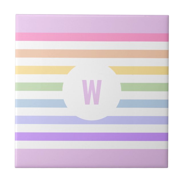 Monogram in White Circle Pastel Rainbow Stripes Tile (Front)