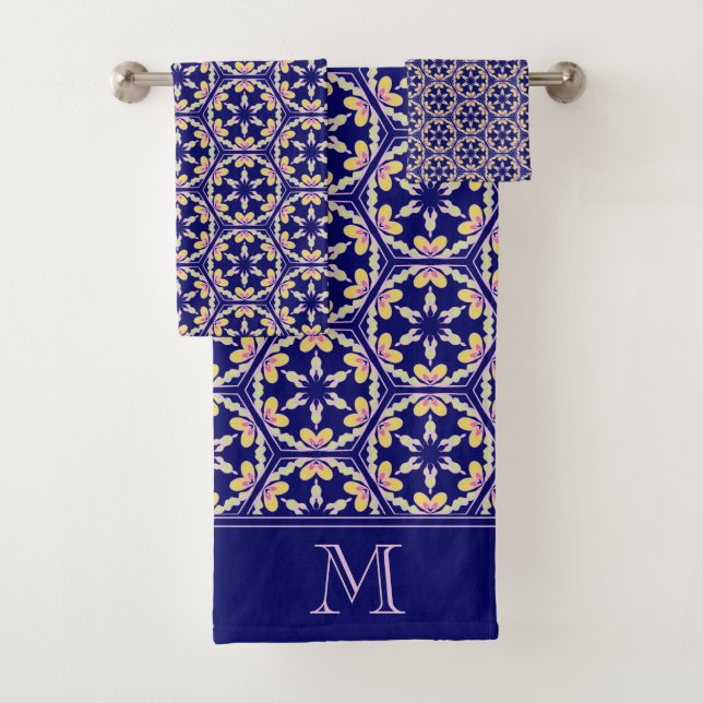 Monogram Indigo Blue Spanish Mediterranean Tile Bath Towel Set (Insitu)