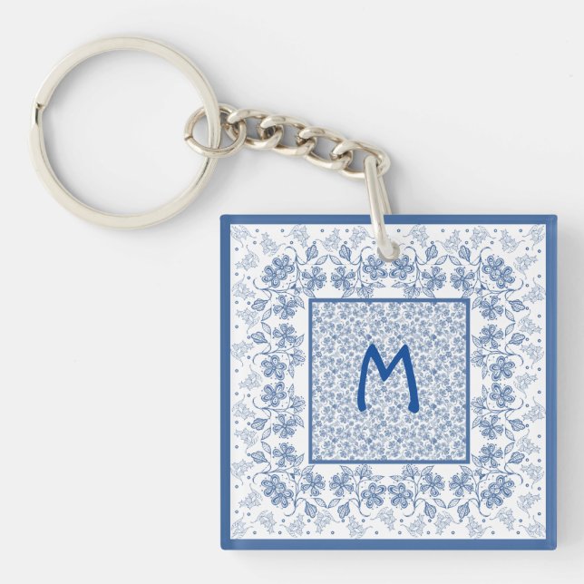 Monogram Indigo Floral Border Acrylic Keychain (Front)