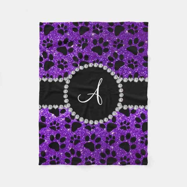 Monogram indigo purple glitter dog paws fleece blanket (Front)