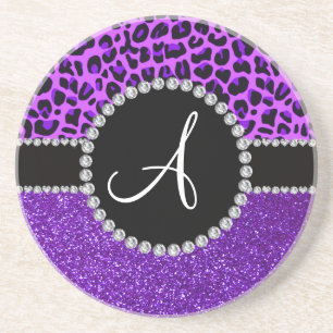 Monogram indigo purple glitter neon purple leopard coaster