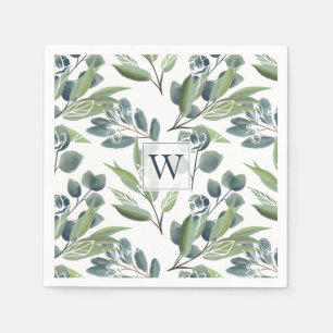 Monogram Inital Elegant Watercolor Winter Foliage Napkin